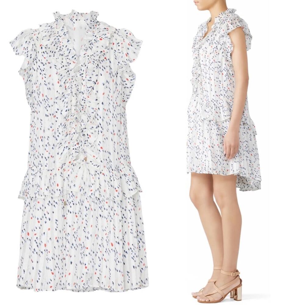 Sabina Musayev White Dot Sun Ruffle Lace Front Metallic Mini Dress Size XS - Picture 2 of 8
